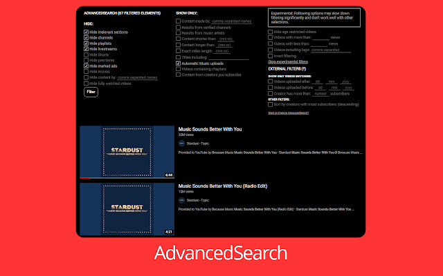 AdvancedSearch for YouTube  from Chrome web store to be run with OffiDocs Chromium online