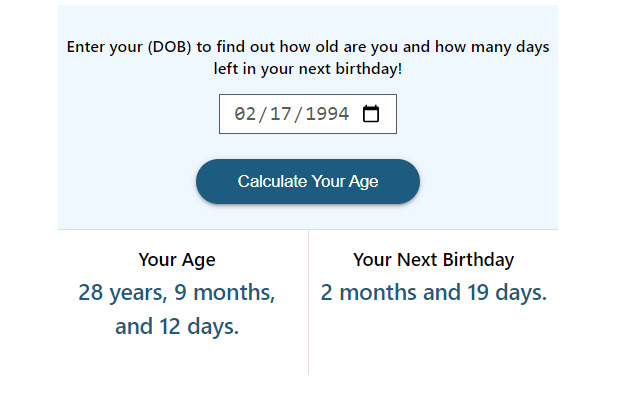 Age Calculator by Birthdate  from Chrome web store to be run with OffiDocs Chromium online