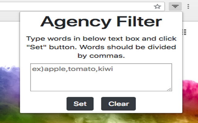 Agency Filter  from Chrome web store to be run with OffiDocs Chromium online