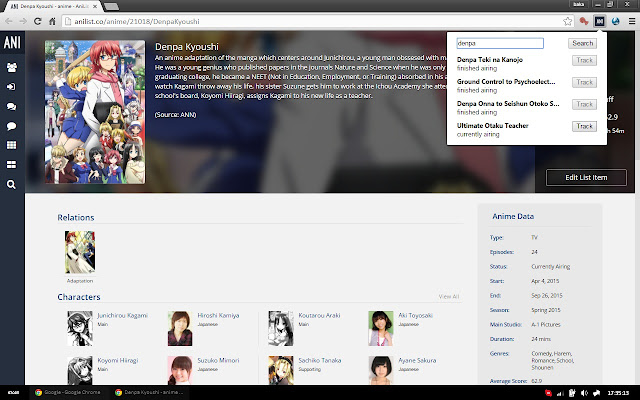 AniStatus  from Chrome web store to be run with OffiDocs Chromium online