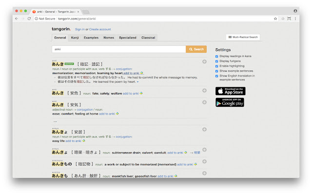 Ankimo Quickly add Japanese words to Anki  from Chrome web store to be run with OffiDocs Chromium online