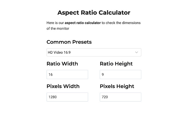 Aspect Ratio Calculator  from Chrome web store to be run with OffiDocs Chromium online