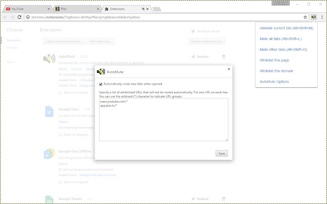 AutoMute  from Chrome web store to be run with OffiDocs Chromium online
