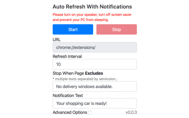 Auto Refresh With Notifications  from Chrome web store to be run with OffiDocs Chromium online