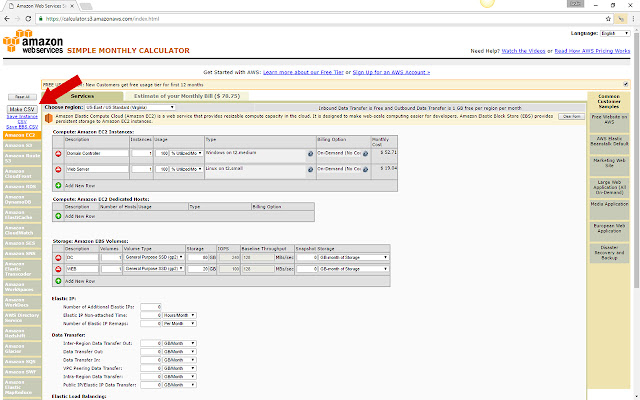 AWS Cost Calculator CSV Export  from Chrome web store to be run with OffiDocs Chromium online