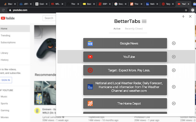 BetterTabs  from Chrome web store to be run with OffiDocs Chromium online