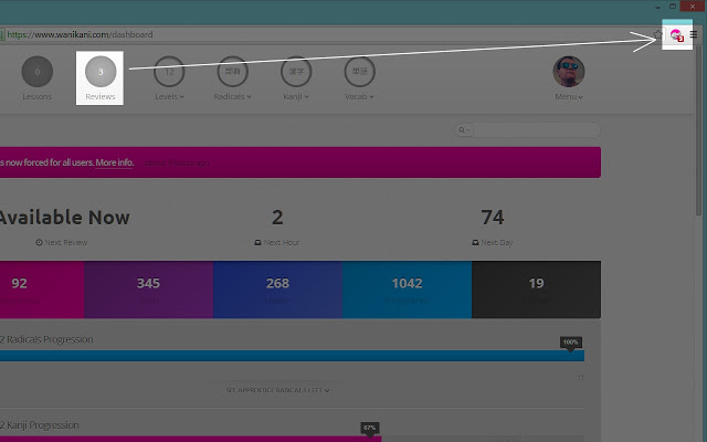 Better WaniKani Notifier  from Chrome web store to be run with OffiDocs Chromium online