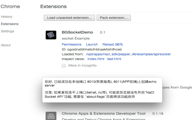 BGSocketDemo  from Chrome web store to be run with OffiDocs Chromium online