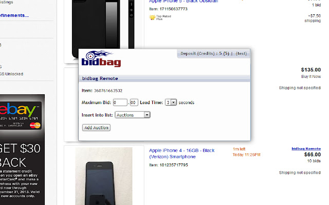 bidbag Remote eBay sniper  from Chrome web store to be run with OffiDocs Chromium online