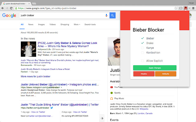 Bieber Blocker  from Chrome web store to be run with OffiDocs Chromium online