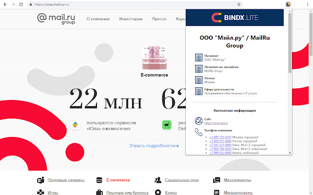 BINDX.Lite — данные о компании по её сайту  from Chrome web store to be run with OffiDocs Chromium online