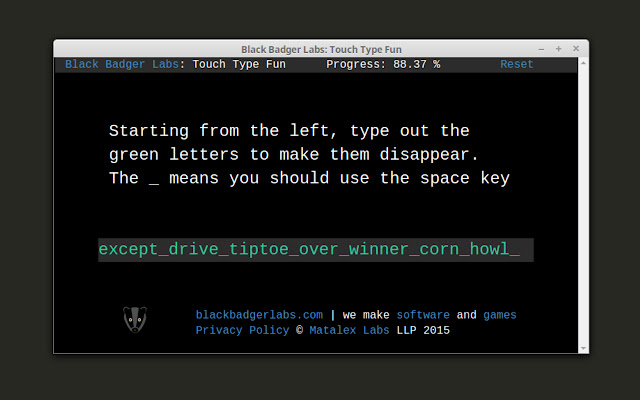 Black Badger Labs: Touch Type Fun  from Chrome web store to be run with OffiDocs Chromium online