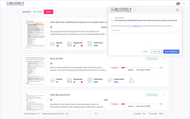 Blogely content marketing software  from Chrome web store to be run with OffiDocs Chromium online