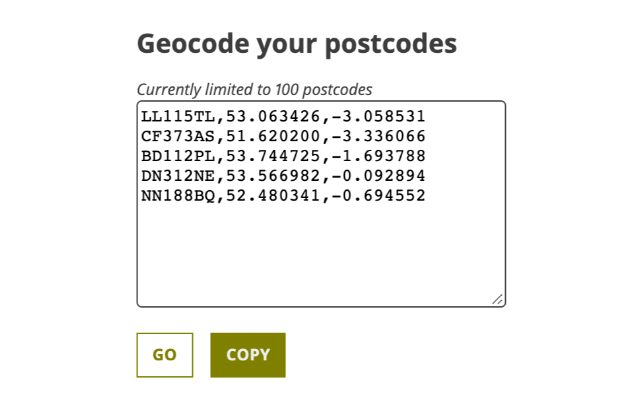 Bulk Postcode Geocode  from Chrome web store to be run with OffiDocs Chromium online