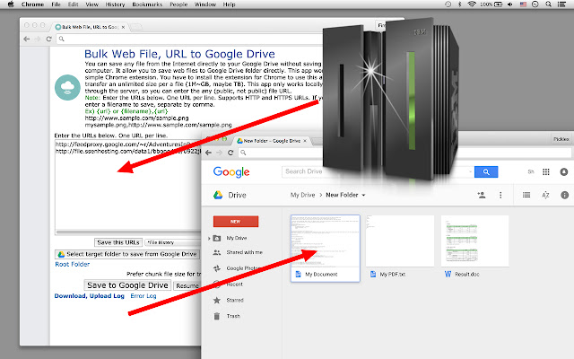 Bulk Web File, URL to Google Drive  from Chrome web store to be run with OffiDocs Chromium online