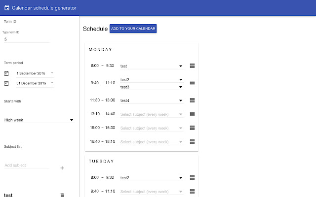 Calendar schedule generator  from Chrome web store to be run with OffiDocs Chromium online