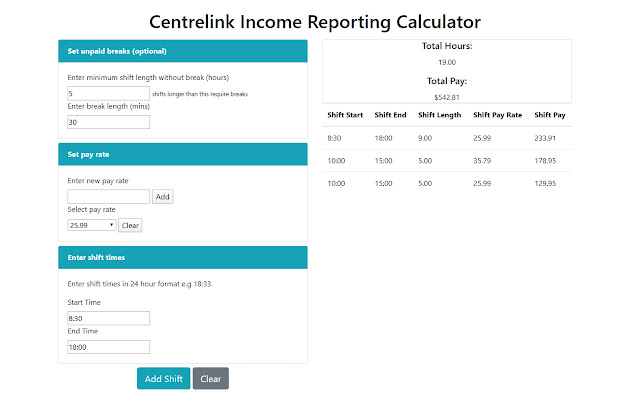 Centrelink Income Reporting Calculator  from Chrome web store to be run with OffiDocs Chromium online