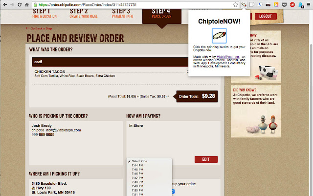 ChipotleNOW!  from Chrome web store to be run with OffiDocs Chromium online