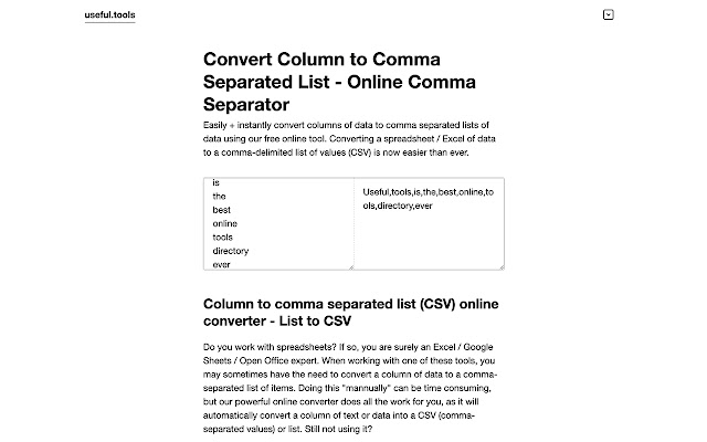 Convert Column to Comma Separated List (CSV)  from Chrome web store to be run with OffiDocs Chromium online