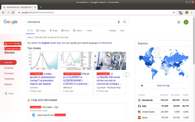 Coronavirus informer  from Chrome web store to be run with OffiDocs Chromium online