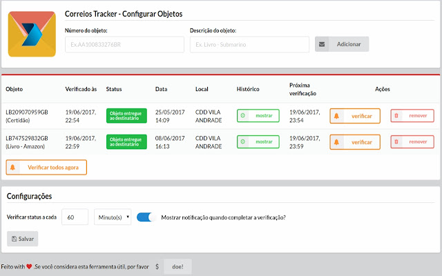 Correios Tracker  from Chrome web store to be run with OffiDocs Chromium online