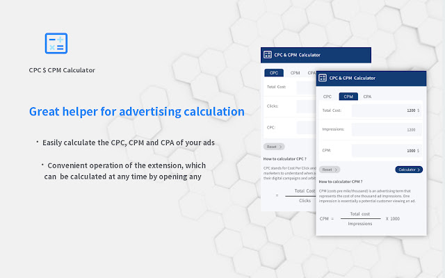 CPC  CPMCalculator  from Chrome web store to be run with OffiDocs Chromium online