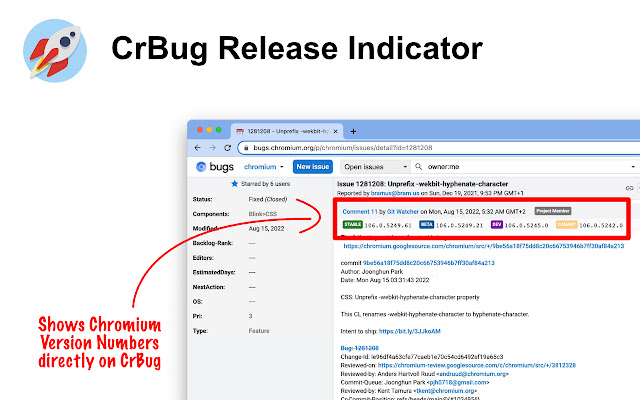 CrBug Release Indicator  from Chrome web store to be run with OffiDocs Chromium online