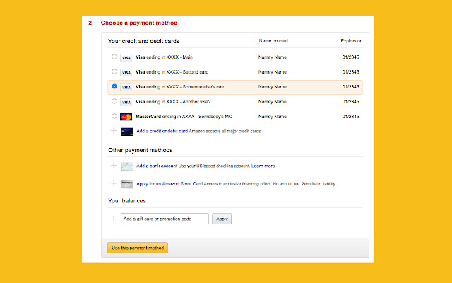 Credit Card Nicknames for Amazon  from Chrome web store to be run with OffiDocs Chromium online