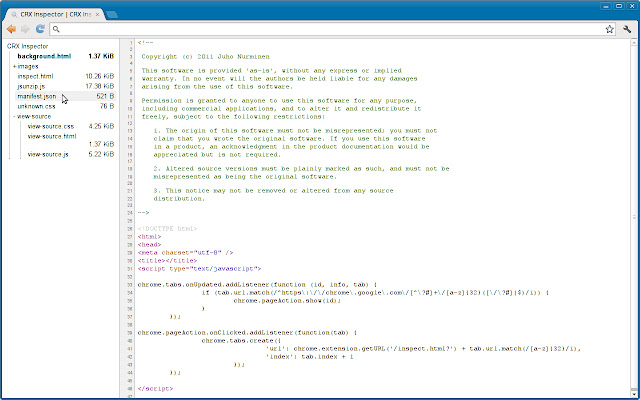 CRX Inspector  from Chrome web store to be run with OffiDocs Chromium online