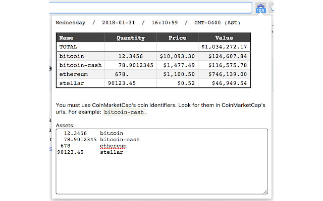 Cryptocurrency portfolio value  from Chrome web store to be run with OffiDocs Chromium online