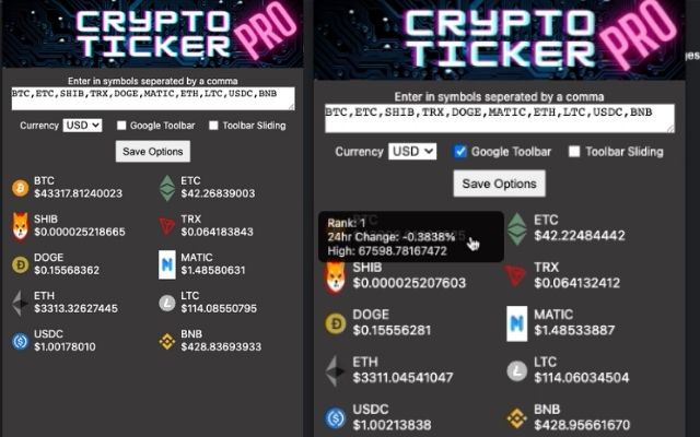 Crypto Ticker  from Chrome web store to be run with OffiDocs Chromium online