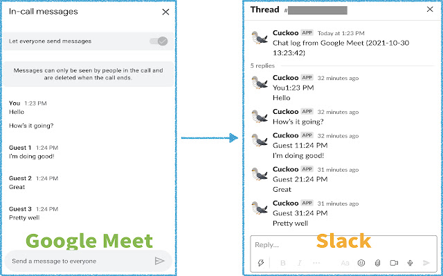 Cuckoo Log Google Meet Chat Messages  from Chrome web store to be run with OffiDocs Chromium online