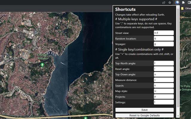 Custom Shortcuts for Google Earth Web (Beta)  from Chrome web store to be run with OffiDocs Chromium online