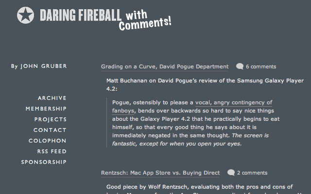 Daring Fireball with Comments de Chrome web store se ejecutará con OffiDocs Chromium en línea