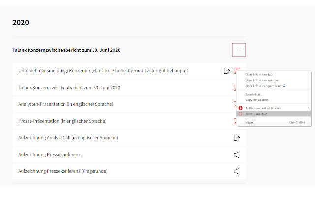 Datei nach Arachne senden  from Chrome web store to be run with OffiDocs Chromium online