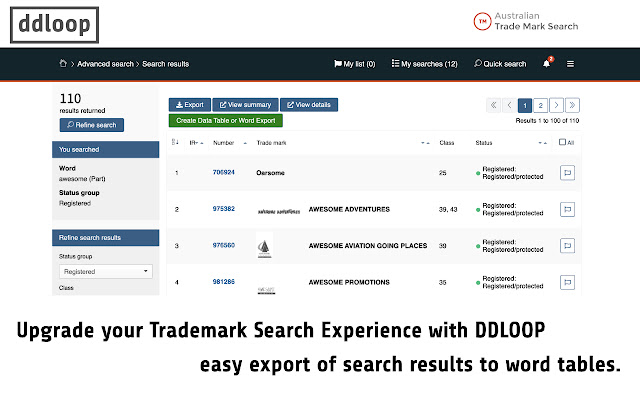 ddloop Trade Mark Search Enhancer  from Chrome web store to be run with OffiDocs Chromium online