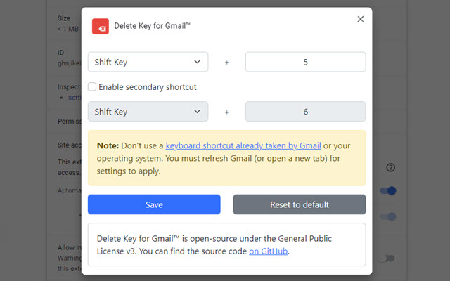 Delete Key for Gmail™  from Chrome web store to be run with OffiDocs Chromium online