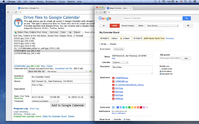 Drive files to Google Calendar  from Chrome web store to be run with OffiDocs Chromium online