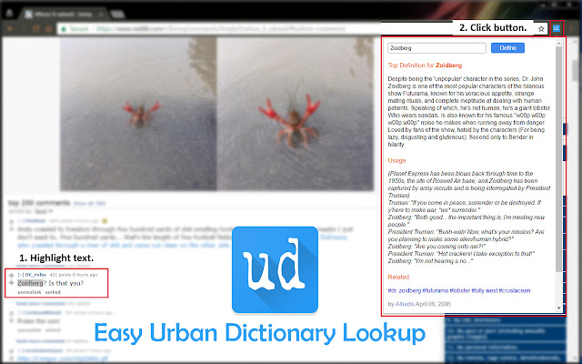 Easy Urban Dictionary Lookup  from Chrome web store to be run with OffiDocs Chromium online