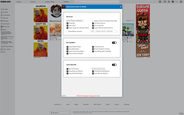 Enhancement Suite for Roblox  from Chrome web store to be run with OffiDocs Chromium online