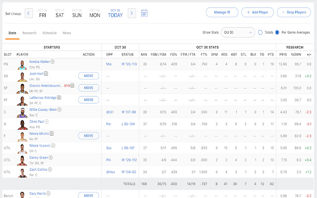 การปรับปรุงเลย์เอาต์ของ ESPN Fantasy Basketball จาก Chrome เว็บสโตร์ให้ทำงานด้วย OffiDocs Chromium ออนไลน์