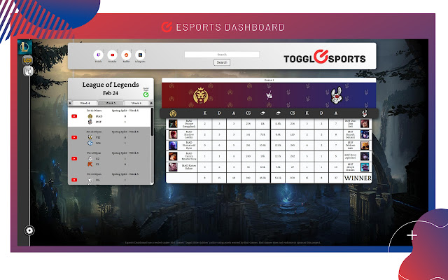 Esports Dashboard The Esports New Tab  from Chrome web store to be run with OffiDocs Chromium online