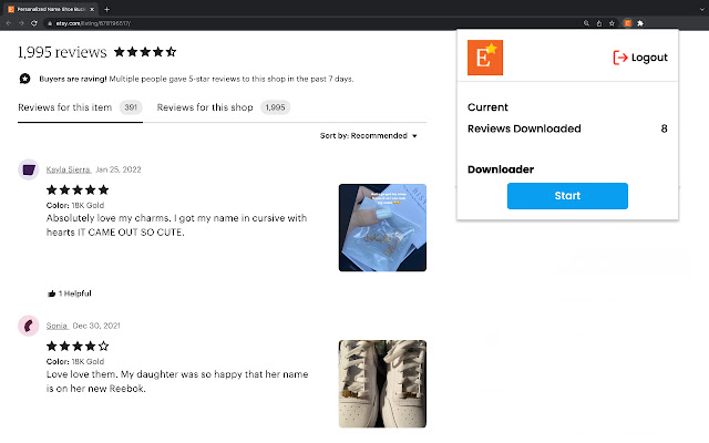 ETSY Reviews Downloader  from Chrome web store to be run with OffiDocs Chromium online