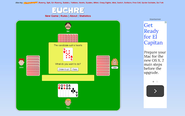 El juego de cartas Euchre de la tienda web de Chrome se ejecutará con OffiDocs Chromium en línea