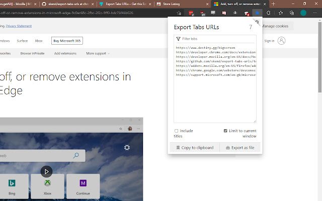 Export Tabs URLs  from Chrome web store to be run with OffiDocs Chromium online