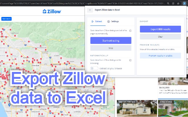 Export Zillow data to Excel  from Chrome web store to be run with OffiDocs Chromium online