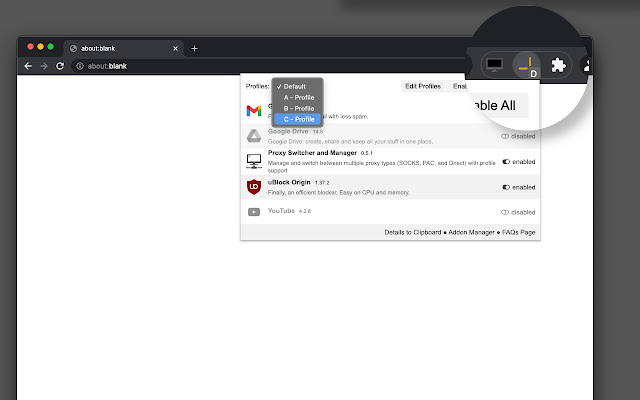 Extension Manager with Profiles  from Chrome web store to be run with OffiDocs Chromium online