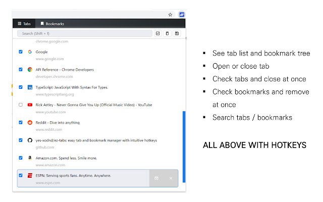 EZ Tabs: Tabs  Bookmarks Manager  from Chrome web store to be run with OffiDocs Chromium online