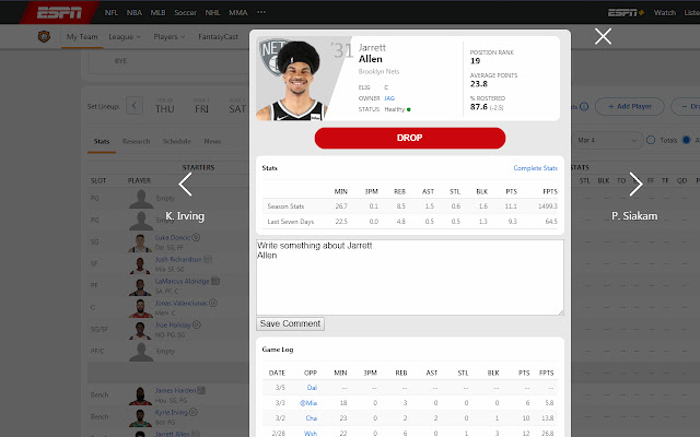 Fantasy Espn Basketball Player Comment  from Chrome web store to be run with OffiDocs Chromium online