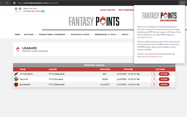 Fantasy Points Browser Extension  from Chrome web store to be run with OffiDocs Chromium online